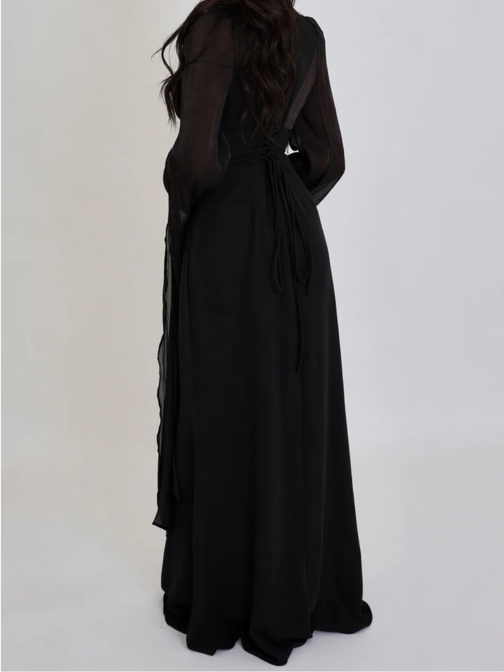 Elegant Black Maxi Gown With Sheer Draped Sleeves - Picture 2 of 2